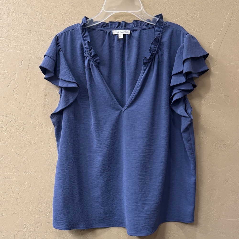 Nine Britton Ruffled V-Neck Blouse - Blue